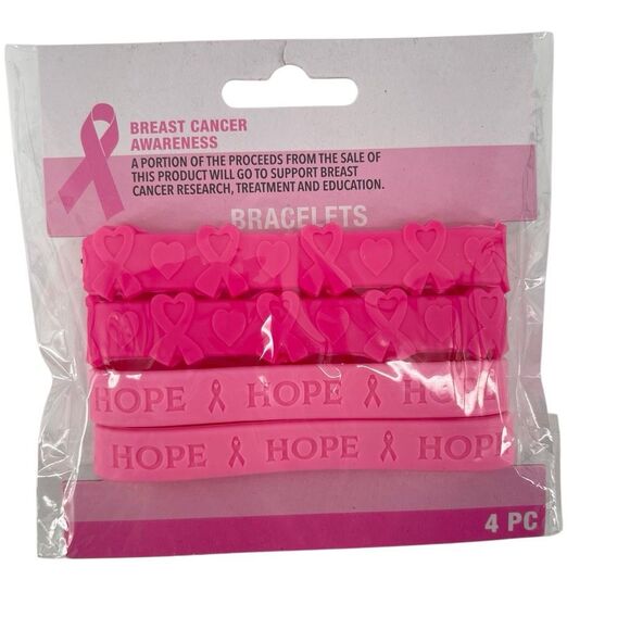 Breast Cancer Awareness Pink Silicone Bracelets 4 Pack HOPE Ribbon New - Picture 1 of 6
